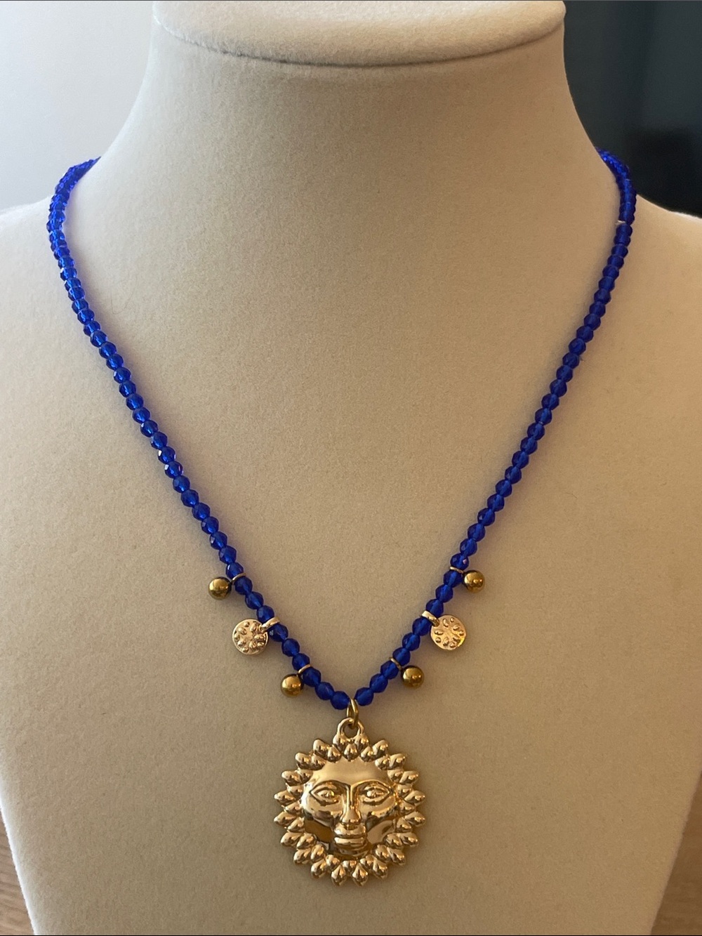 Anthropologie Royal Blue Beaded Necklace with Gold Sun Pendant